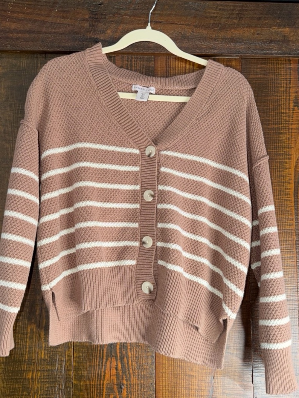 Striped Mauve Pink Button-Front V-Neck Cardigan Sweater